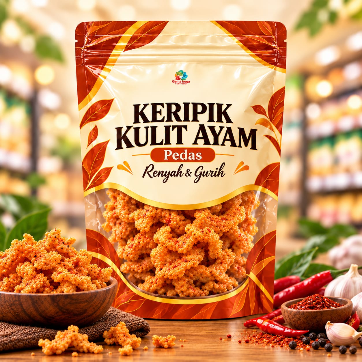 Ilustrasi kemasan keripik kulit ayam GBN rasa Pedas